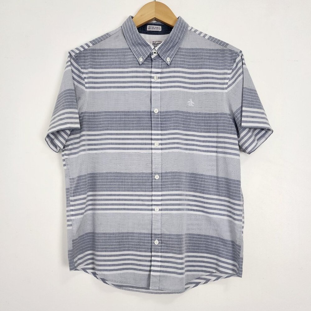 Original Penguin Slim Fit Short Sleeve Stripe Button-Down Collar Shirt Golf Prep